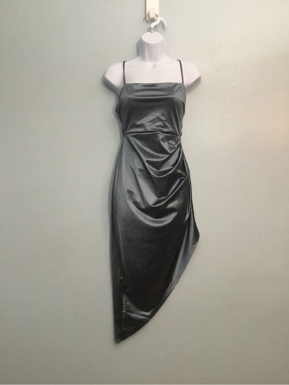 Windsor Charcoal Satin Asymmetrical Slip Dress Draped Side Spaghetti Strap S